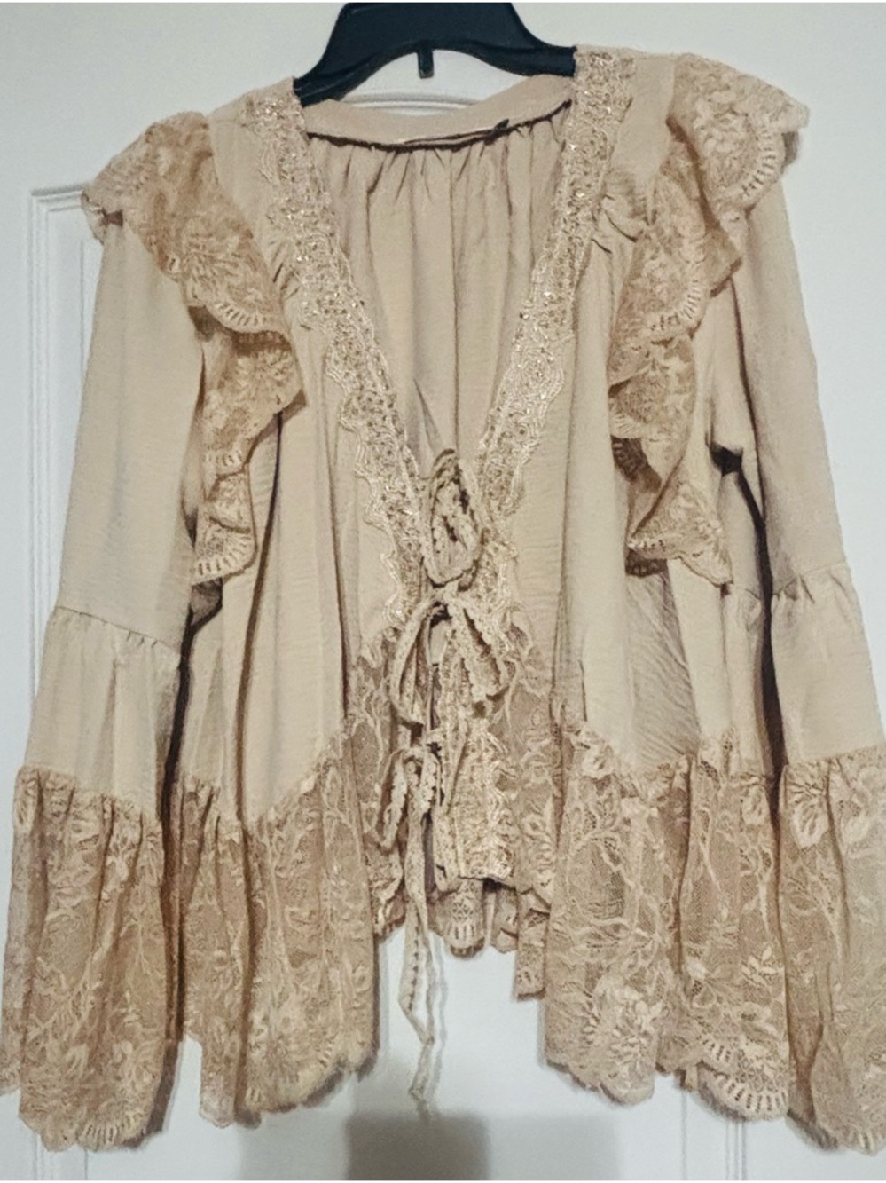 Boho Lace-Trim Cream Women's Blouse- Unbranded Small